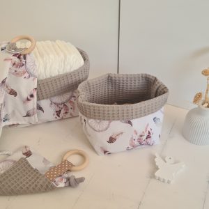 SET: Personalisierter Windelkorb mit Name und kleines Utensilo + Schmusteuch + Knistertuch "BoHo"