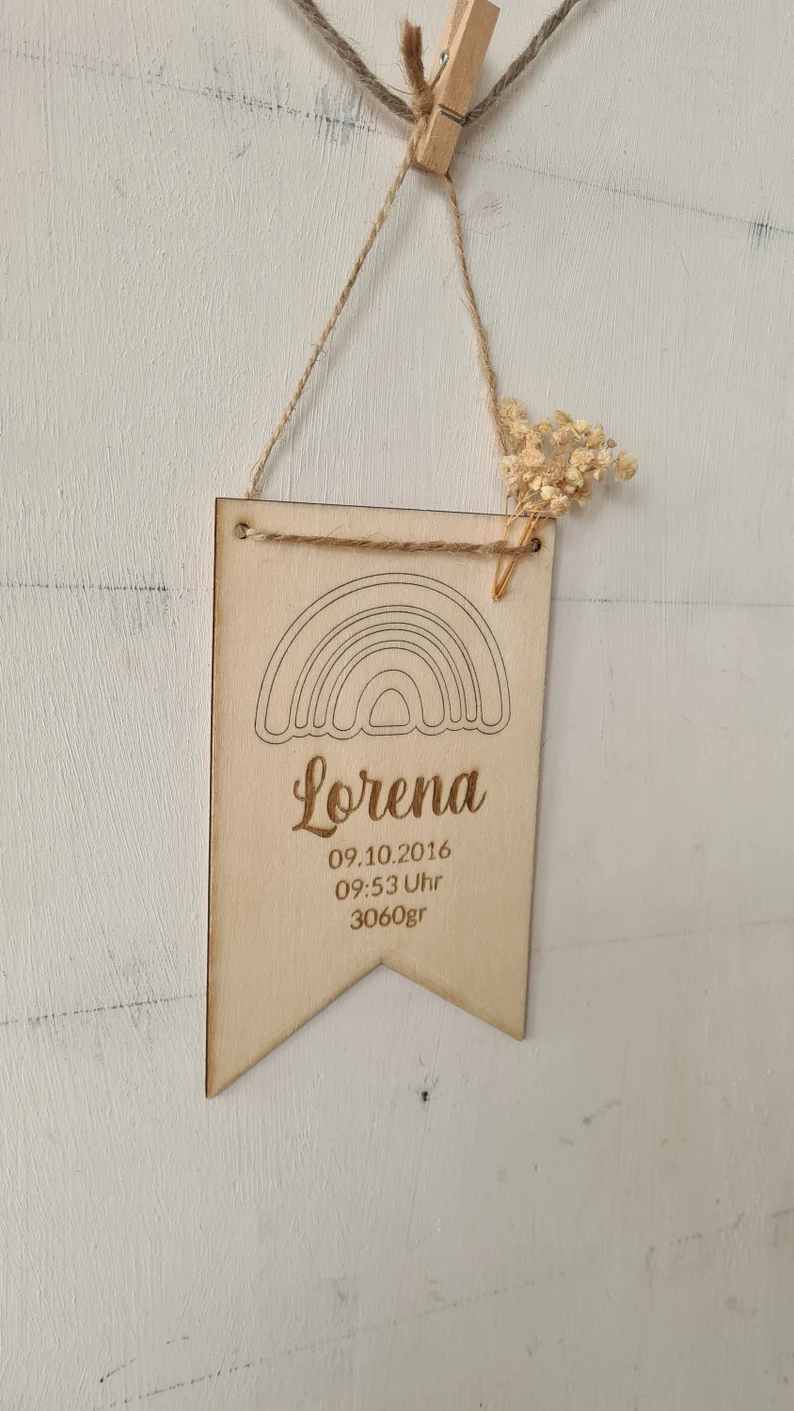 Geburtsschild Namensschild aus Holz Türschild Wimpelkette – Bild 2