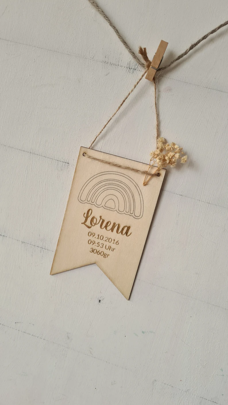 Geburtsschild Namensschild aus Holz Türschild Wimpelkette – Bild 4