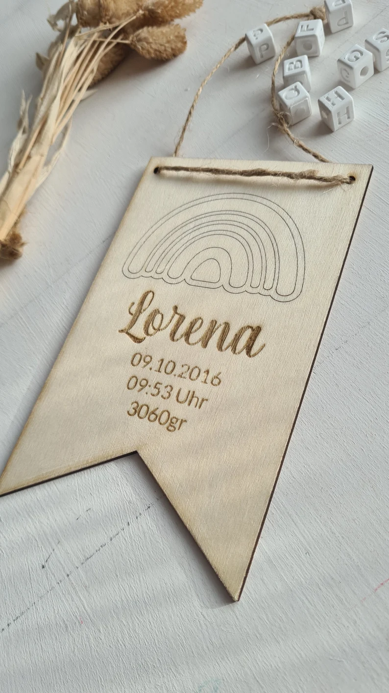 Geburtsschild Namensschild aus Holz Türschild Wimpelkette – Bild 5